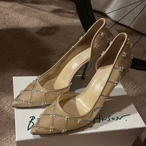 Betsey Johnson Beige Mesh Heels with Pearl Accents